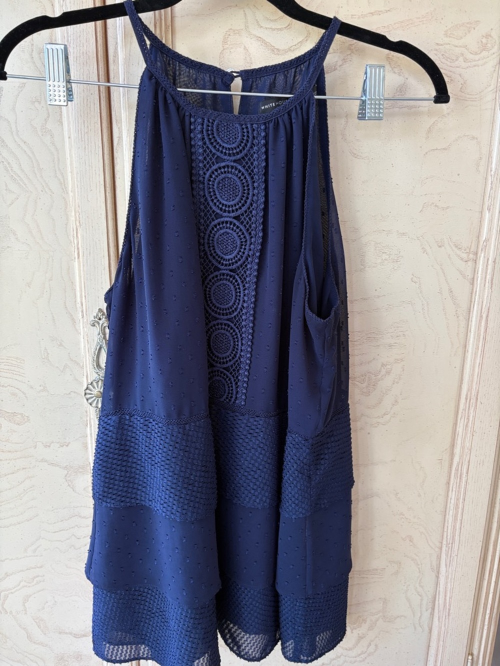 White House Black Market Navy Crochet Front Sleeveless Top